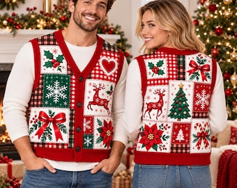Christmas Patchwork Knitted Vest, Reindeer Snowflake V Neck Cardigan, Ugly Sweater Holiday Party Outfit for Men Women