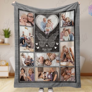 As I sit in heaven memorial blanket with pictures, In loving memory photo blanket, Remembrance blanket for loss of father, Christmas blanket