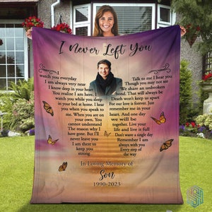 Loss of son memorial blankets with photo, I never left you memory blanket, Christmas blanket, Sympathy blanket for Xmas gift, Grief blanket