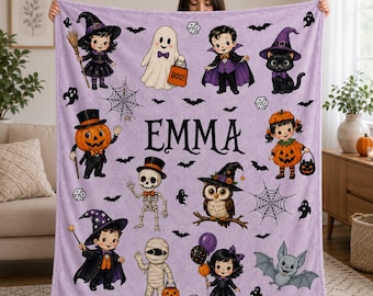 Personalized Vintage Halloween Blanket, Custom Name Fleece Blanket, Retro Halloween Kids Gift, Spooky Witch Ghost Pumpkin Decor