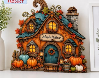 Könnte beinhalten: Ein flaches 2D-Druckprodukt, das ein fantasievolles Haus mit der Aufschrift Maple Hollow darstellt. Das Haus hat eine blaue Tür mit einem Kranz, orangefarbene kürbisförmige Wände, ein blaugrünes Dach, einen Steinkamin und Herbstblätter. Kürbisse liegen auf dem Boden.
