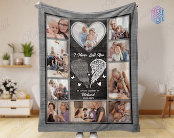 Angel wings memorial blanket with pictures, In loving memory photo blanket, Remembrance blanket for loss of mother, I never left you blanket