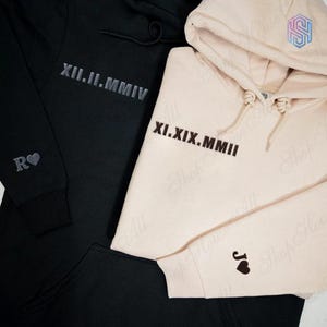 Valentine Gift for Him, Custom Embroidered Roman Numeral Hoodie, Personalized Anniversary Date Couple Matching Hoodies, Initial On Sleeve