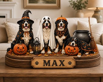Personalized Bernese Mountain Dog Halloween Wood Stand, Custom Name Spooky Dog Decor, Witch Ghost Pumpkin Gift for Pet Lovers