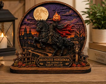 Könnte beinhalten: Ein halbkreisförmiges Holzdisplay mit einem Relief des kopflosen Reiters auf einem schwarzen Pferd mit brennendem Kürbiskopf. Die Szene zeigt einen Vollmond, ein dunkles Schloss und ein Schild mit der Aufschrift HEADLESS HORSEMAN THE LEGEND OF SLEEPY HOLLOW.