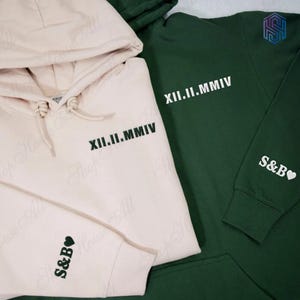 Valentine Gift for Couple, Custom Embroidered Roman Numeral Hoodie, Personalized Anniversary Date Couple Hoodies, Initial On Sleeve