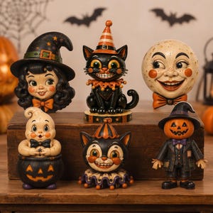 Retro Halloween Character Wood Standee, Vintage Pumpkin Ghost Cat Witch Figurine, Spooky Shelf Sitter Decor, Gothic Fall Home Gift