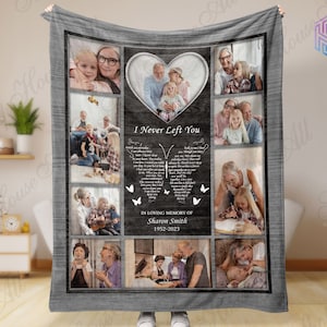 In loving memory photo blanket, I never left you memorial blanket with pictures, Remembrance blanket for loss of father, Christmas blanket