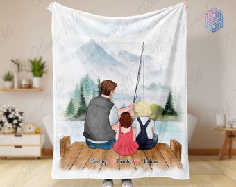 Personalized fishing dad blanket, Custom daddy children clipart blanket, Fathers day gift from daughter, Papa gift, Fathers day blanket
