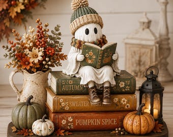 Autumn Ghost Reading Wooden Standee, Spooky Shelf Decor, Book Lover Ghost Fall Home Gift
