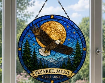 Jackie Bald Eagle Memorial Suncatcher, Fly Free Stained Glass Window Hanging, Eagle Sympathy Gift, Remembrance Keepsake
