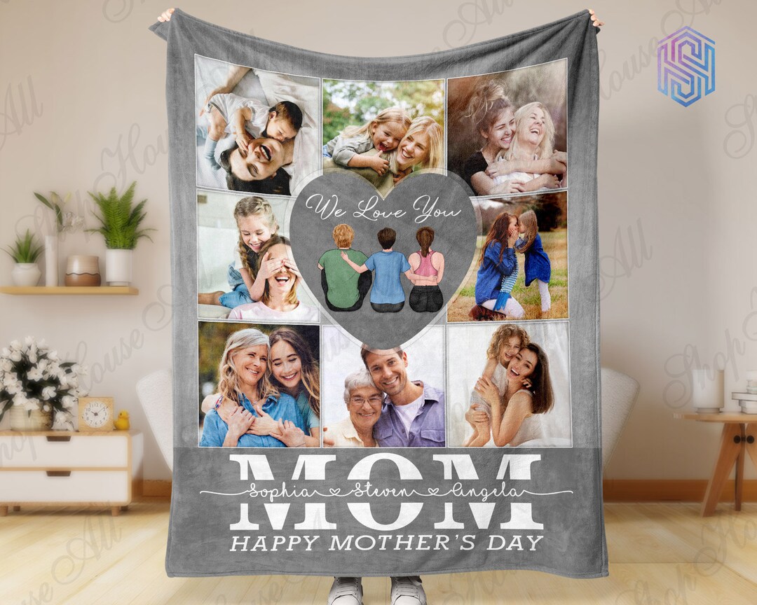Christmas Photo Blanket for Mom, Custom Mother Children Clipart Photo