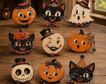 Könnte beinhalten: Eine Sammlung von neun Halloween-Dekorationen im Vintage-Stil, bestehend aus einem Kürbis mit Zylinder, einer schwarzen Katze mit Hexenhut, einem Geist, einer Katze mit Kürbishut, einem zwinkernden Mond, einem Kürbis mit Spinne, einem Totenkopf und einer Katze.