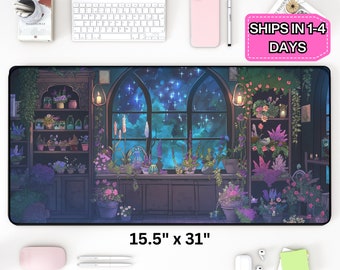 May include: A fantasy-themed mousepad with a night sky view from a window with stars and clouds. The window is in a room with shelves full of plants and flowers. The mousepad is 15.5 inches by 31 inches.