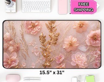 Pink Floral Mousepad: Gold Coquette Desk Mat, Cute Dorm Decor