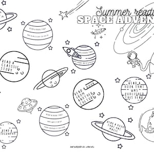 Children’s space-themed reading colouring challenge for summer, digital download, PDF
