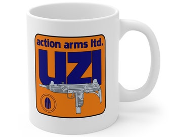 Retro 80's Action Arms IMI UZI SMG Classic Design Remastered - White Ceramic Mug 11oz