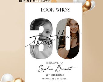 30th Birthday Welcome Sign with Photo, Editable Canva Template, Elegant Party Poster
