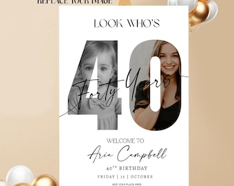 40th Birthday Photo Collage Welcome Sign, Editable Canva Template, Printable Party Poster