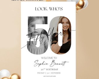 50th Birthday Photo Collage Welcome Sign, Editable Canva Template, Printable Party Poster