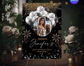 Cartel de bienvenida de cumpleaños en negro y dorado con plantilla de lienzo editable con foto. Póster de entrada para fiesta de lujo.