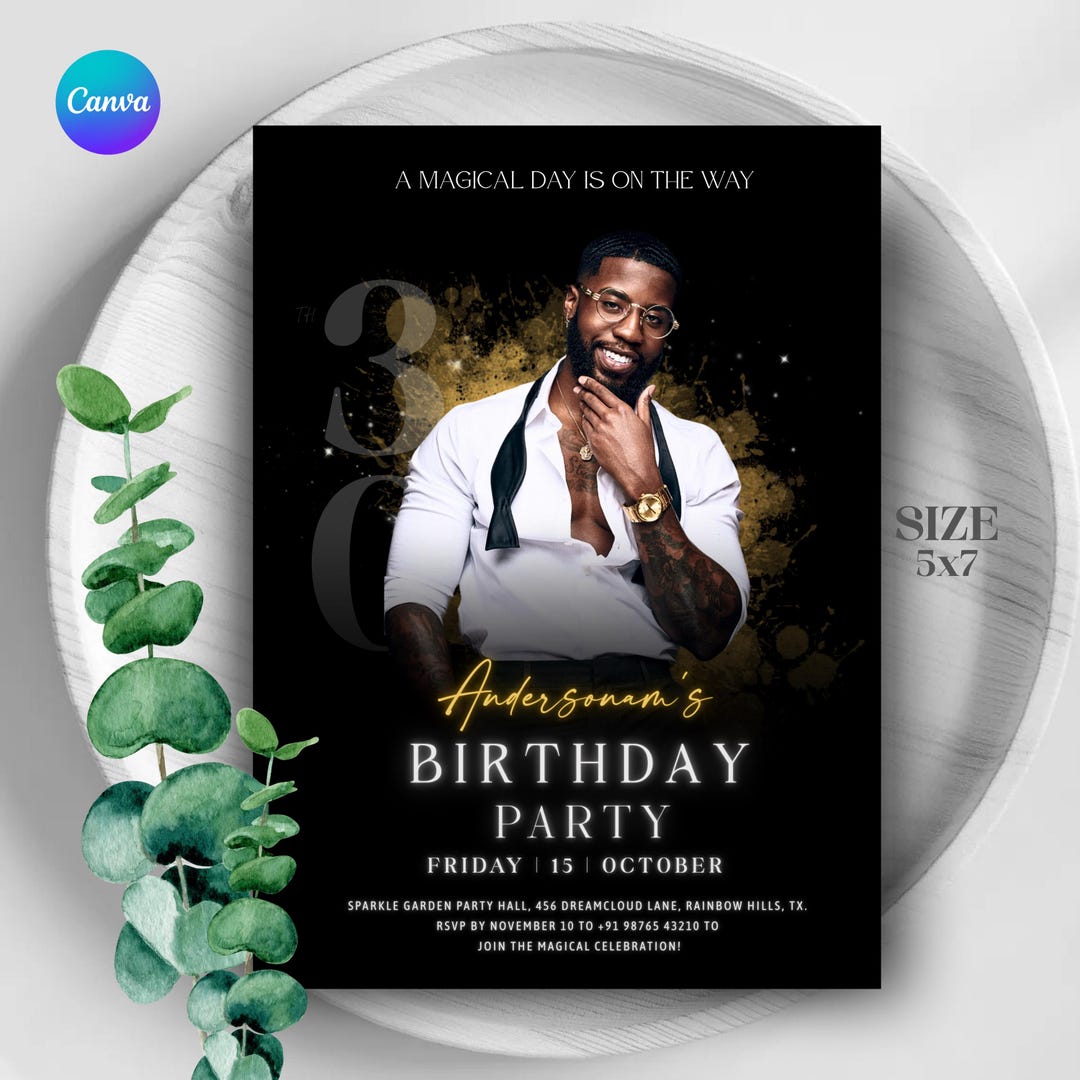 Black and Gold Birthday Invitation With Photo Editable Canva Template ...