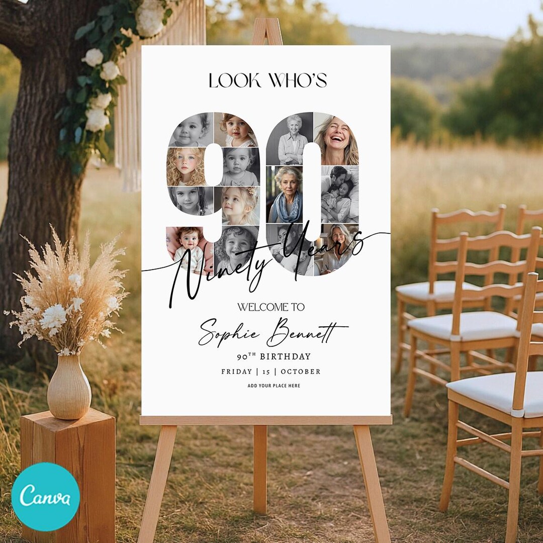 90th Birthday Photo Collage Welcome Sign, Editable Canva Template ...