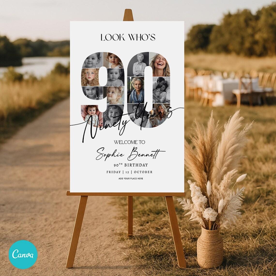90th Birthday Photo Collage Welcome Sign, Editable Canva Template ...
