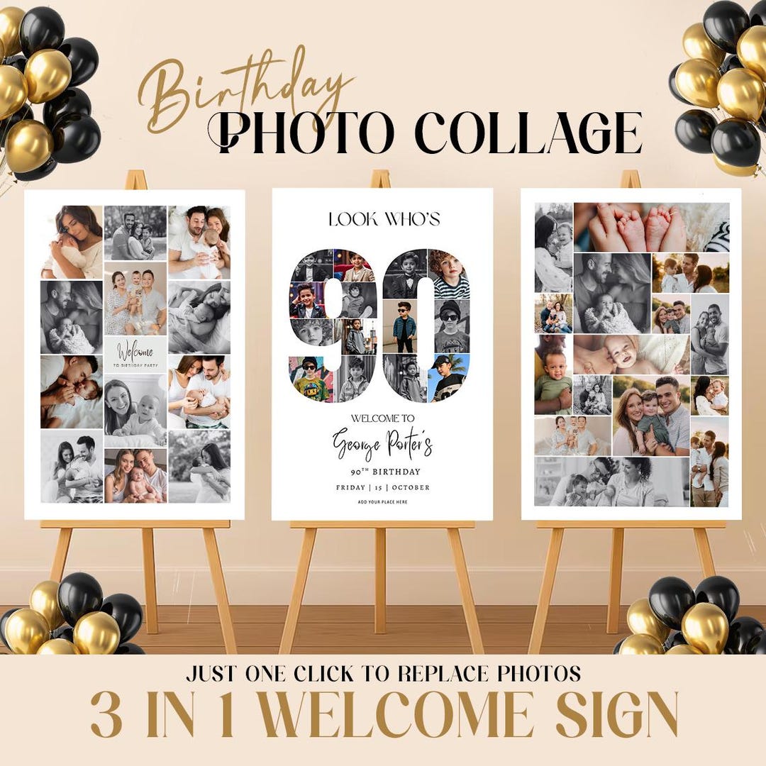 90th Birthday Photo Collage Poster, Editable Canva Template, Printable ...