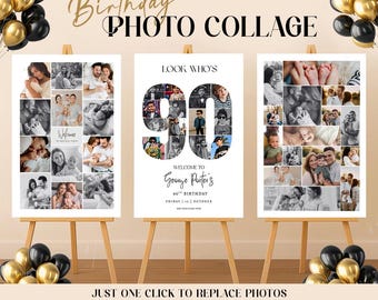 90th Birthday Photo Collage Poster, Editable Canva Template, Printable Milestone Party Sign