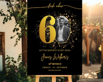 60. Geburtstag Willkommensschild, schwarz und gold bearbeitbare Canva Vorlage, Party Eingangsplakat