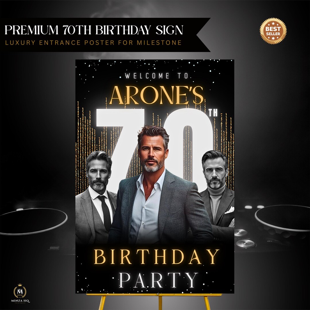 70th birthday dress code Welcome Sign with Photo Editable Canva Template Mens Black Gold Party Entrance Poster Size:32D Web Collection: Isolana Trend Alert: Chocolate hues and a confident layout