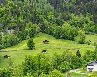Charming Houses on the Hills of Lauterbrunnen |Travel Photography |Valley Art |Swiss Landscapes Photography |Prints, Canvas Art,Framed