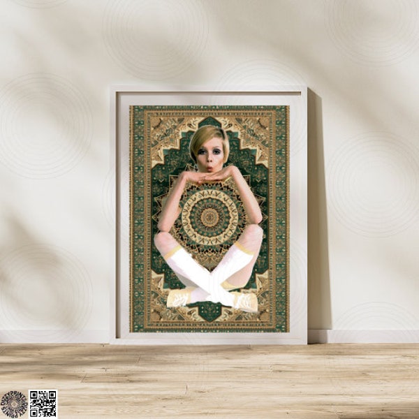 Green Twiggy Icon Tapestry Illusion Poster Print | A6 A5 A4 A3 A2 A1 Wall Art | 1950s, 1960s andy warhol crazy style | Gift | fashionista