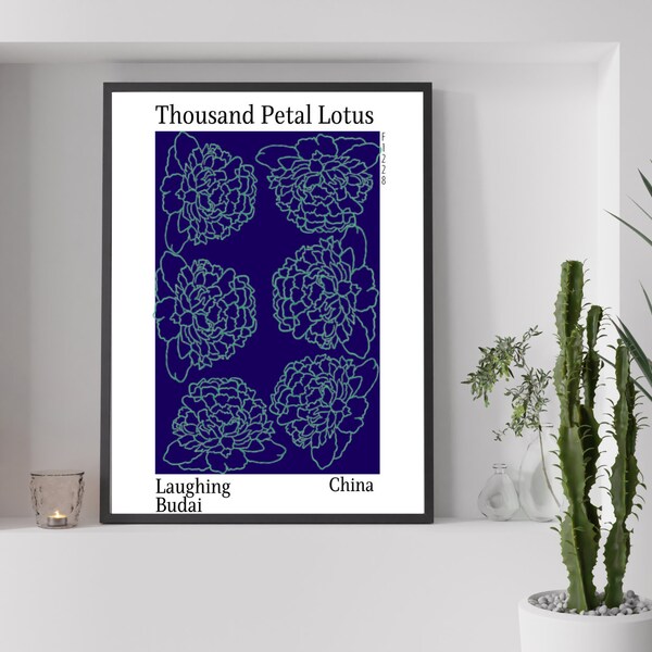 The Thousand Petal Lotus Poster Print | A6 A5 A4 A3 A2 A1 Modern Wall Art | Block colour | Trending 2023 Popular Prints | Royal Navy | China