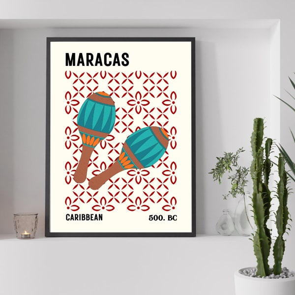 The Maracas Musical Poster Print | African Instrument | Block Colours | Vintage Retro Hanging Wall art unframed | Music Decor | Wall Art |