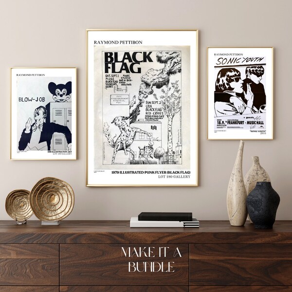 3 X Black Series Prints by Famous Artist Raymond Pettibon - Poster Print - Matching Bundle Collection illustration monochrome, 80s Retro