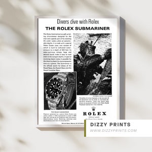 Vintage Retro Rolex advertisement poster print - Black and white - Living Room Watch Decor - Submariner Rolex Collector Antique Bundle