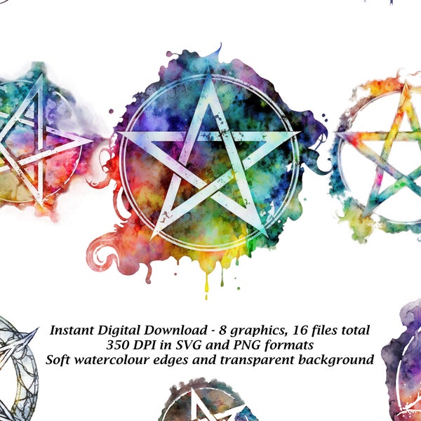 Rainbow Pentagram Watercolor Illustrations | Digital Set of 8 | Sublimation, Print on Demand, Graphic Design, Stickers, Clipart