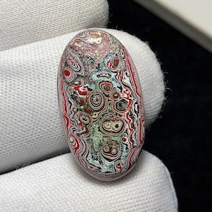 May include: An oval gemstone featuring a distinctive pattern of red, white, black, and green swirls and circular designs. The polished surface of the stone reflects light, accentuating the intricate details of the natural patterns. The gemstone is held by a white glove.