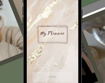 May include: A digital planner app on a smartphone screen with a beige background and gold accents. The app is titled "My Planner" and the year 2023 is displayed.