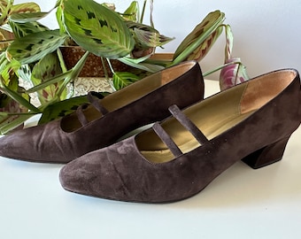 Yves Saint Laurent YSL vintage leather suede pumps block heels chocolate brown size 8 Mary Jane style