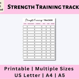 Rastreador de entrenamiento de fuerza, Rastreador de fuerza, Rastreador de entrenamiento, Entrenamiento con pesas, Rastreador de levantamiento de pesas, Descarga digital, Carta de EE. UU., A4, A5