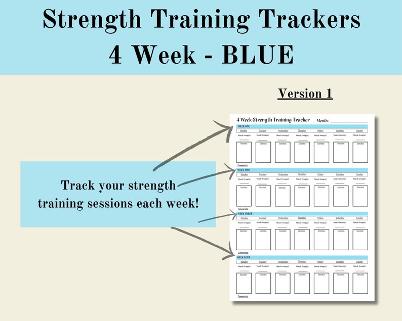 Weekly Strength Training 4 Week Trackers Blue, Fitness Tracker, Weight