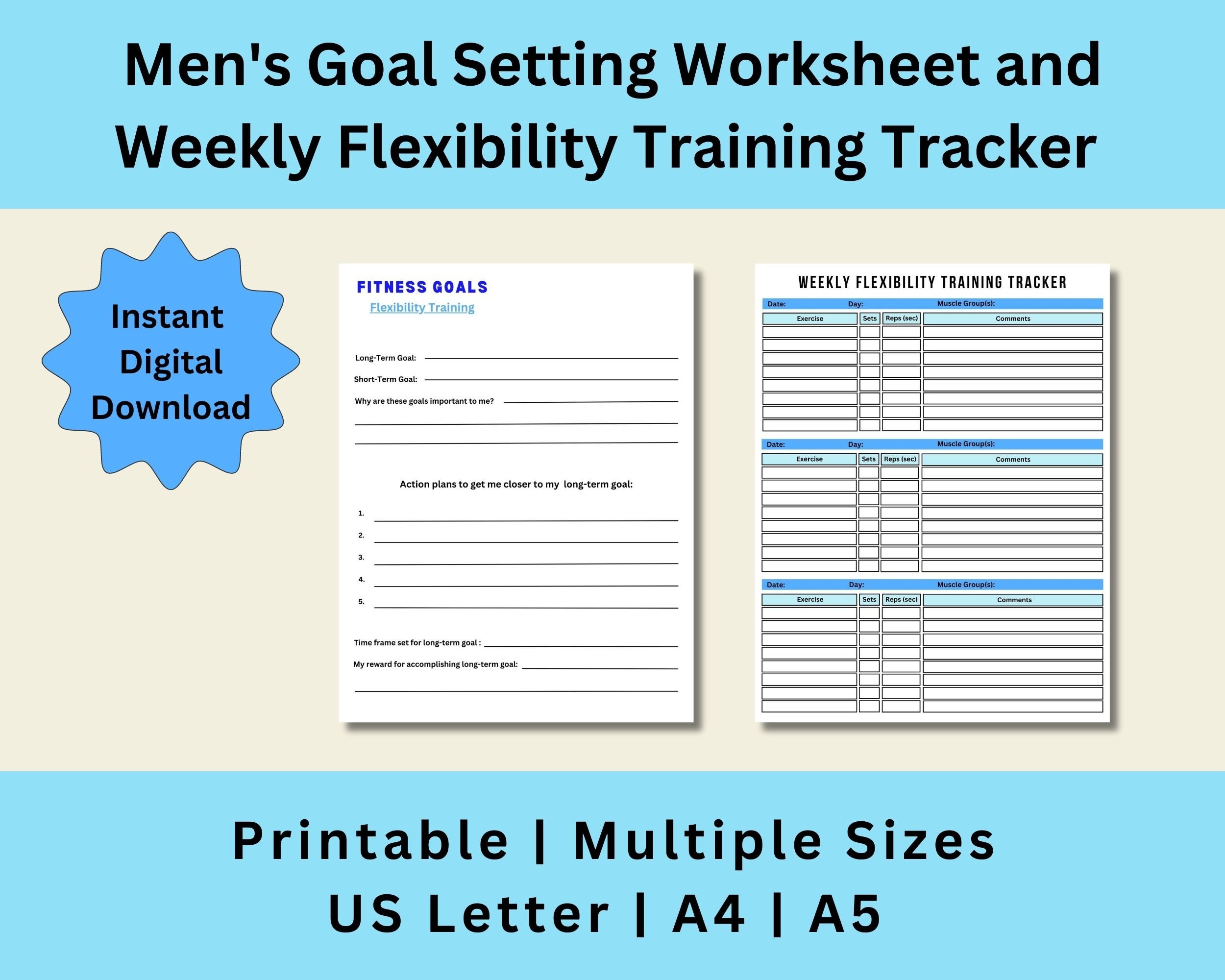 Weekly Flexibility Training Tracker Printable, Goal Setting Worksheet, Exercise Log, Fitness Tracker, Digital Download, US Letter, A4, A5