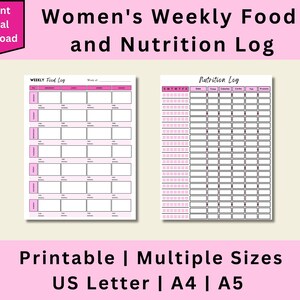 Registro semanal imprimible de alimentos y nutrición, registro semanal de alimentos, registro de nutrición, seguimiento de comidas, seguimiento de alimentos, descarga digital, carta de EE. UU., A4, A5