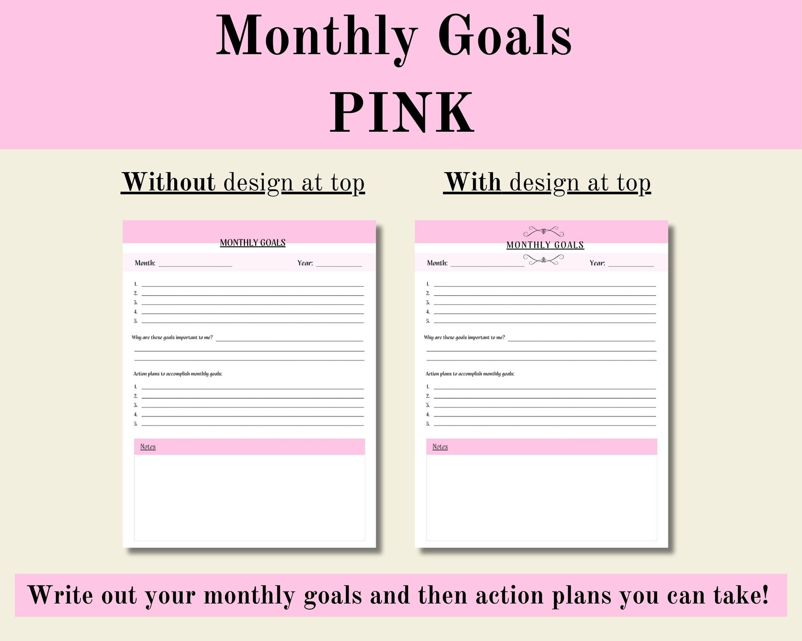 Monthly Goals Pink, Goals Digital Printable, Goal Setting Worksheets ...