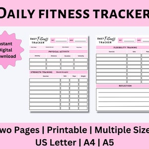 Daily Fitness Tracker Printable, Fitness Planner, Fitness Journal, Daily Fitness Log, Exercise Tracker, Digital Download, US Letter, A4, A5