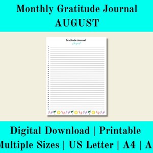 Diario mensual de gratitud imprimible, Gratitud diaria, Diario de gratitud de agosto, Diario de gratitud digital, Descarga digital, Carta de EE. UU., A4