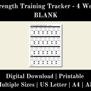 Entrenamiento de fuerza semanal Rastreador de 4 semanas en blanco, Rastreador de fitness, Rastreador de levantamiento de pesas, Rastreador de entrenamiento, Descarga digital, Carta de EE. UU., A4, A5